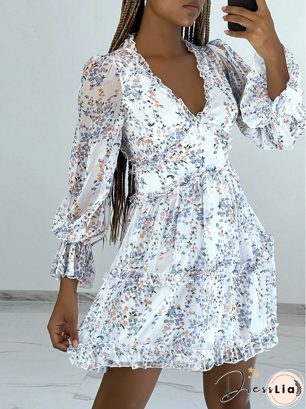 Ditsy Floral Prints Ruffle Edge Tiered Long Sleeve Boho Dress