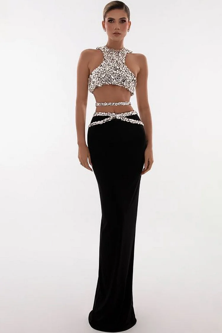 Rhinestone Crop Top Two Piece Skirt Set-Black