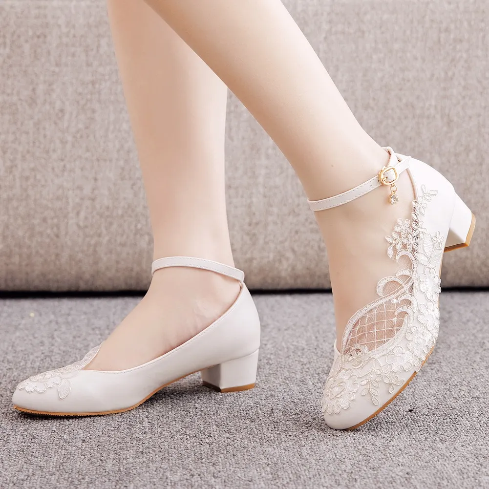 Breakj Breakj 3 Cm Square-Shaped Round-Headed Single-Shoe Wrist Strap Single Shoe Spring And Autumn Lace Wedding Shoes Women's Small White Shoes