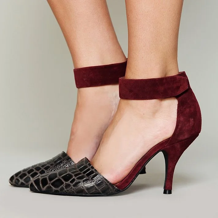 Maroon and Grey Python Ankle Strap Heels Pumps |FSJ Shoes