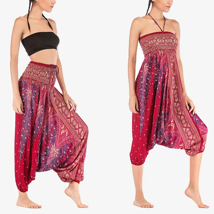 Two Style Wear Feathers Geometric Pattern Loose Smocked Trousers Jumpsuit Women's Yoga Pants