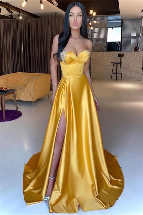 Oknass Sweetheart Yellow Mermaid Beading Prom Dress Split