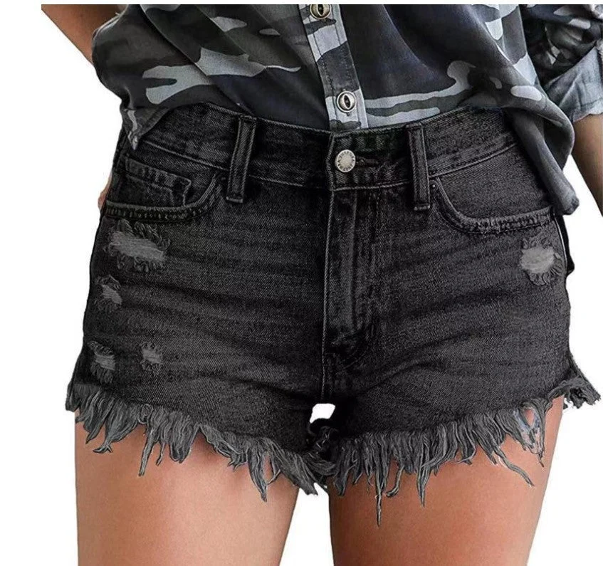 Ladies Casual Ripped Finged Shorts Jeans