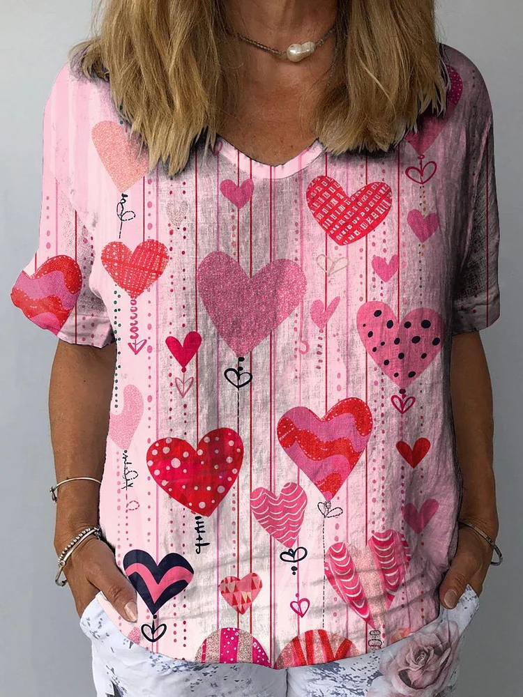 Valentine's Day Hearts Art Printed Women's Casual Cotton And Linen Shirt