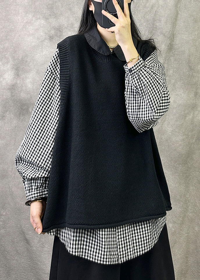 VCSHOES Loose Black O Neck Solid Cozy Knit Waistcoat Sleeveless