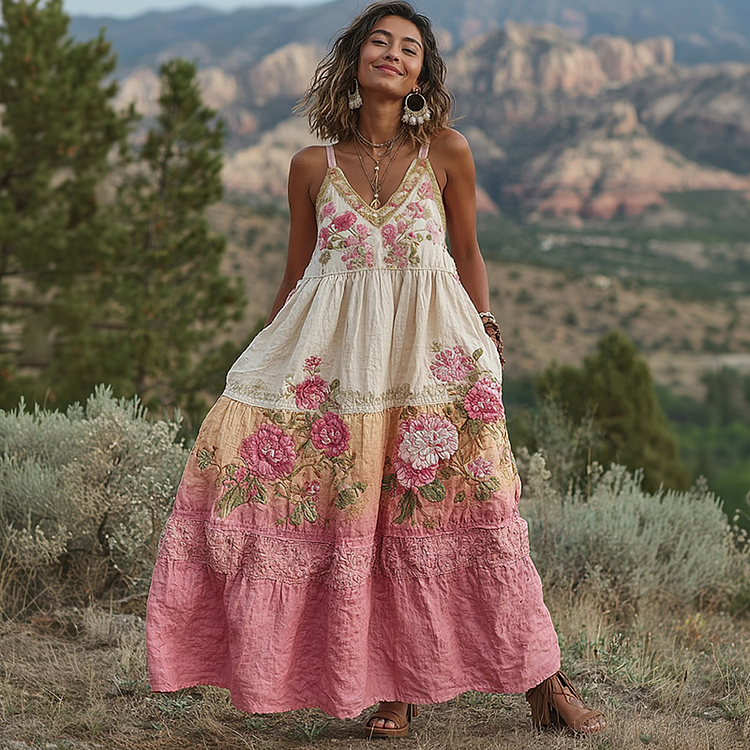 Utbros Pink Flowers Embroidered Vintage Linen Suspender Long Skirt