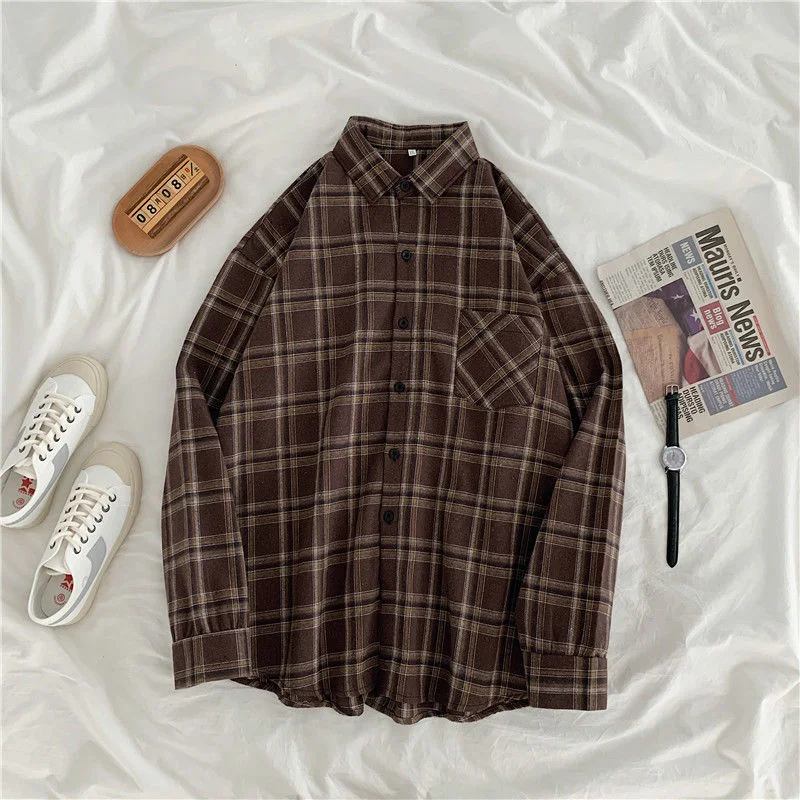 Plaid Shirt Loose Women Oversized Blouse Original Long Sleeve Tops Female Vintage Femme Blusas Casual Outwear 2021