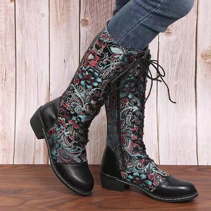 2021 Autumn New Embroidery Flowers Mid-calf Boots Women Retro Ethnic Style Chunky Heel Plus Size Knight Boots Botas De Mujer