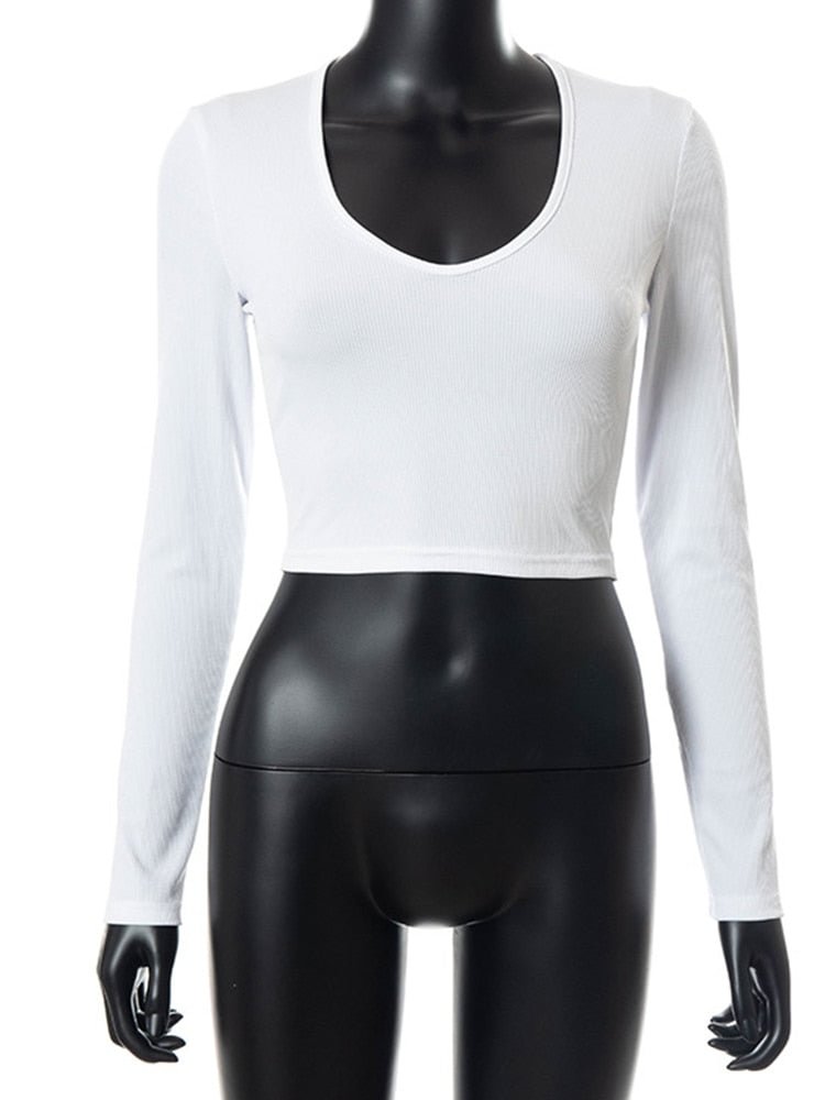 WannaThis V Neck Cropped Tops White Casual Skinny Korean Fashion Ladies Sexy Long Sleeve Waist 2021 Autumn Sport Basic T-Shirt