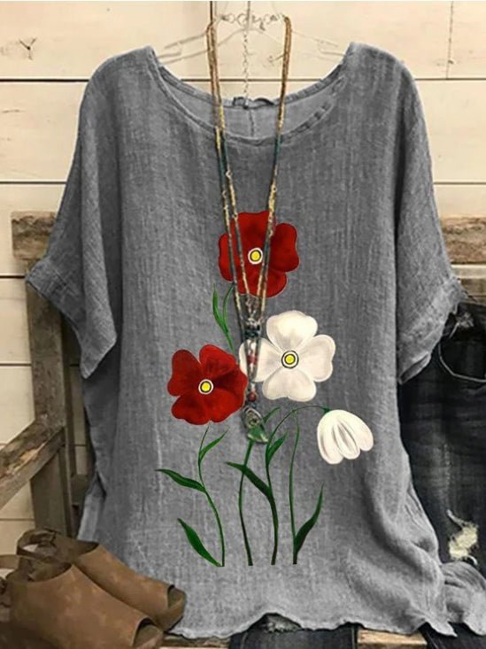 Floral Casual Loose Doll Sleeve Crew Neck Tops