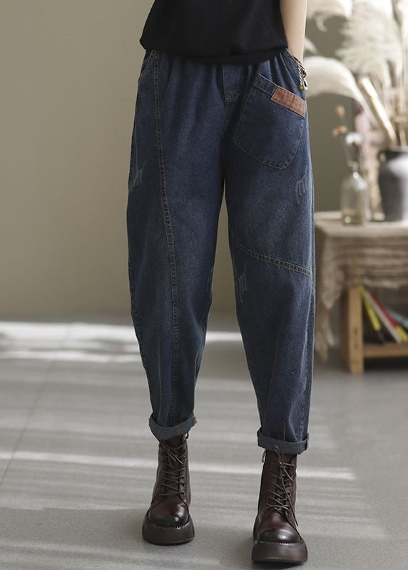 Plus Size Blue elastic waist pockets Cotton denim Pants Spring CK3014- Fabulory