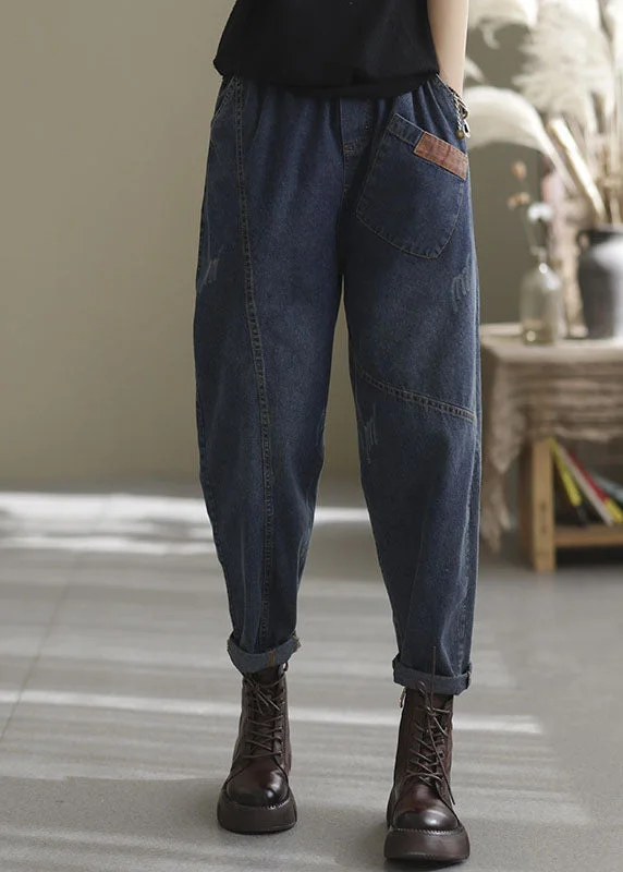 Plus Size Blue elastic waist pockets Cotton denim Pants