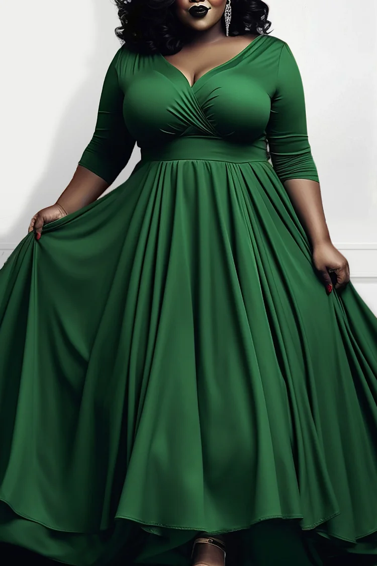 Plus Size Casual Green Knitted V-Neck Half Sleeve Maxi Dress [Pre-Order]