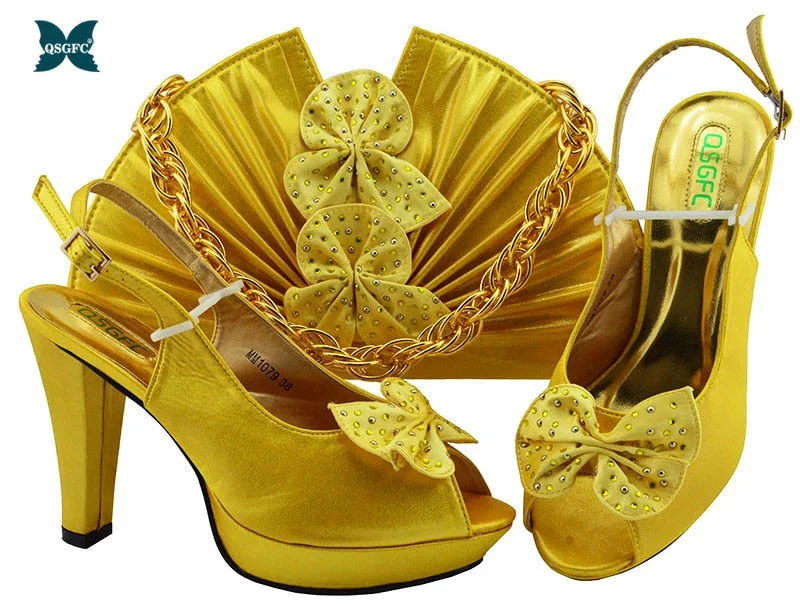 Newest Autumn Italian design Ladies Shoes with Matching Bag High Quality African Nigeria Shoe and Bag set in Yellow Color