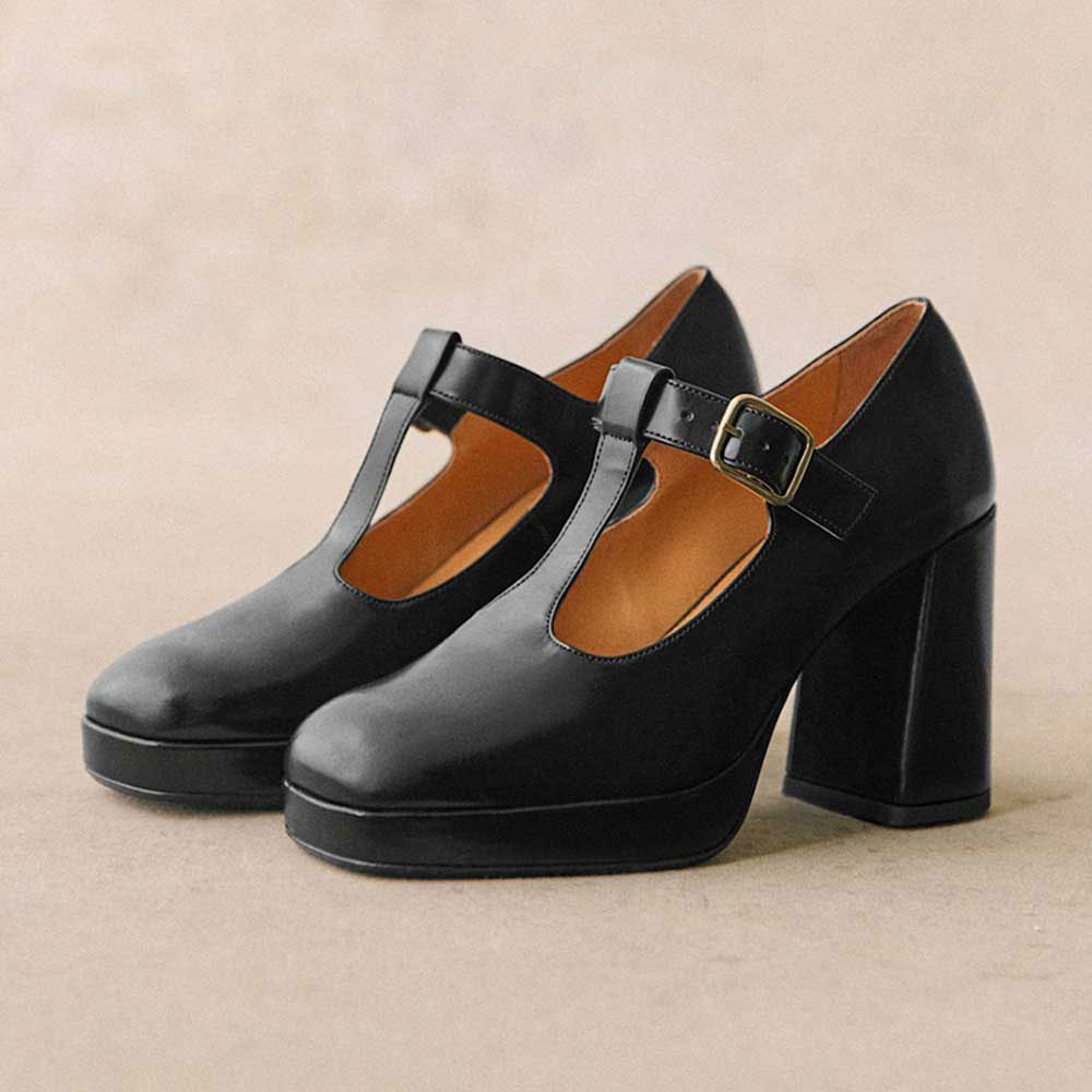 Black Buckle T-Strap Square Toe Chunky Heel Platform Mary Janes Nicepairs