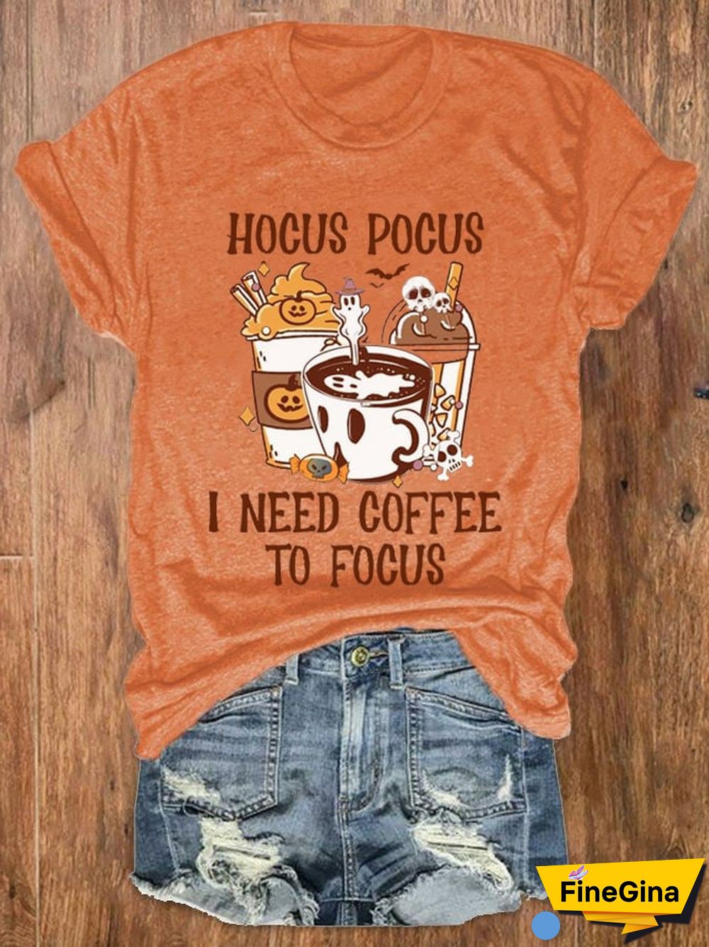 Women's Halloween Hocus Pocus I Need Coffee To Focus Print Crew Neck T-Shirt