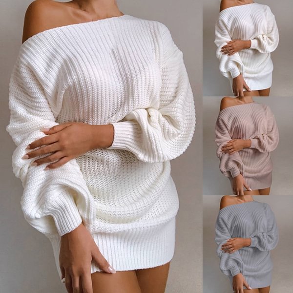 Women's Autumn and Winter Dress Casual Strapless Lantern Sleeve Knitted Sweater Dress - BlackFridayBuys