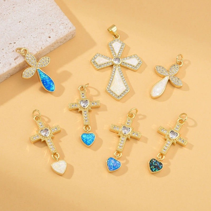 1 Piece 17 * 25mm Copper Opal Zircon 18K Gold Plated Cross Pendant Jewelry Accessories