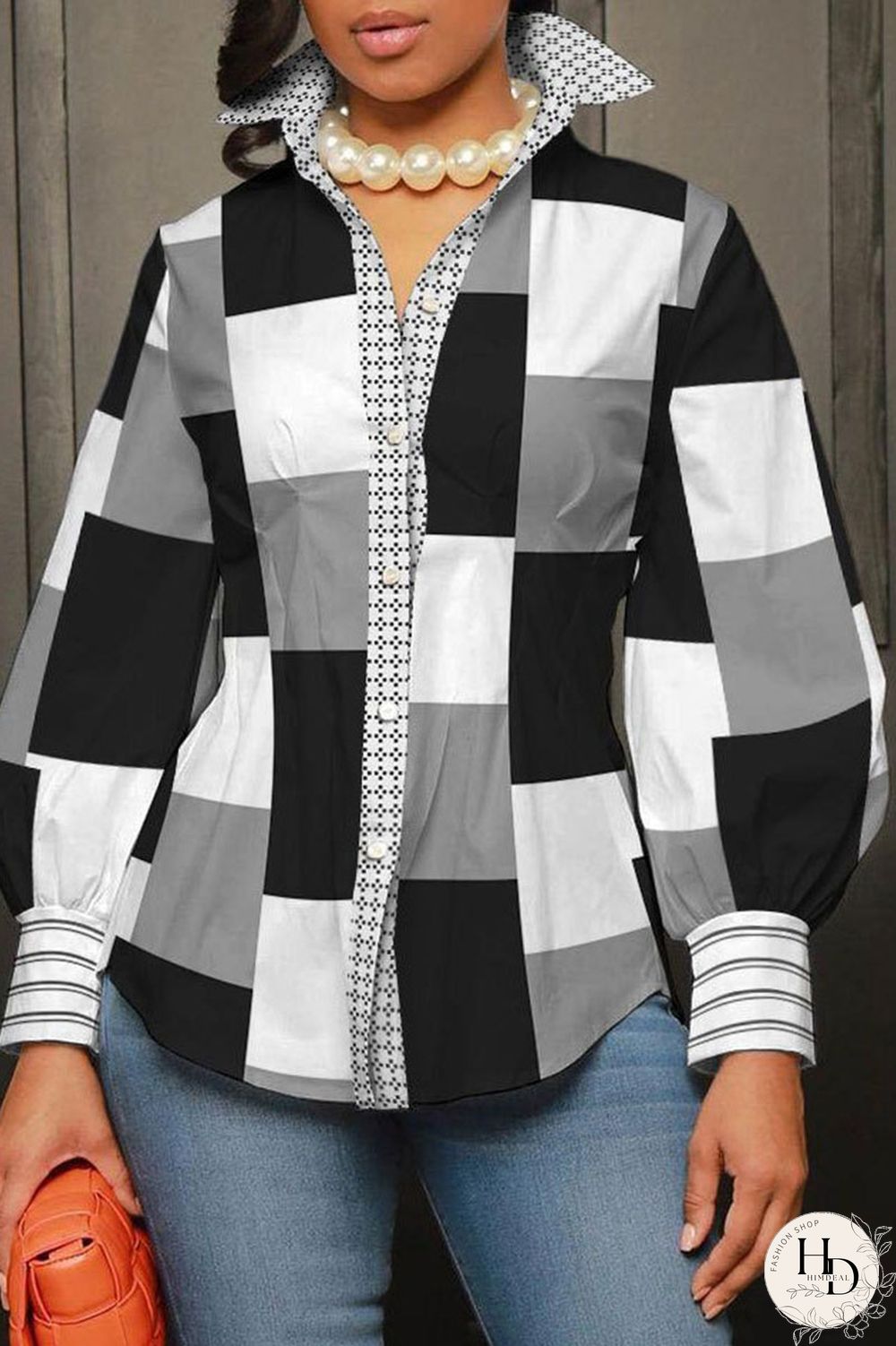 Black White Casual Street Print Patchwork Buckle Turndown Collar Plus Size Tops