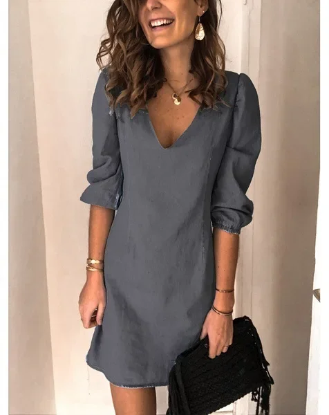Sxswairlines Women Denim Dresses Single Breasted Button Solid Color Dress V Neck Streetwear Short Sleeve Slim Fit Pockets High Street 2025