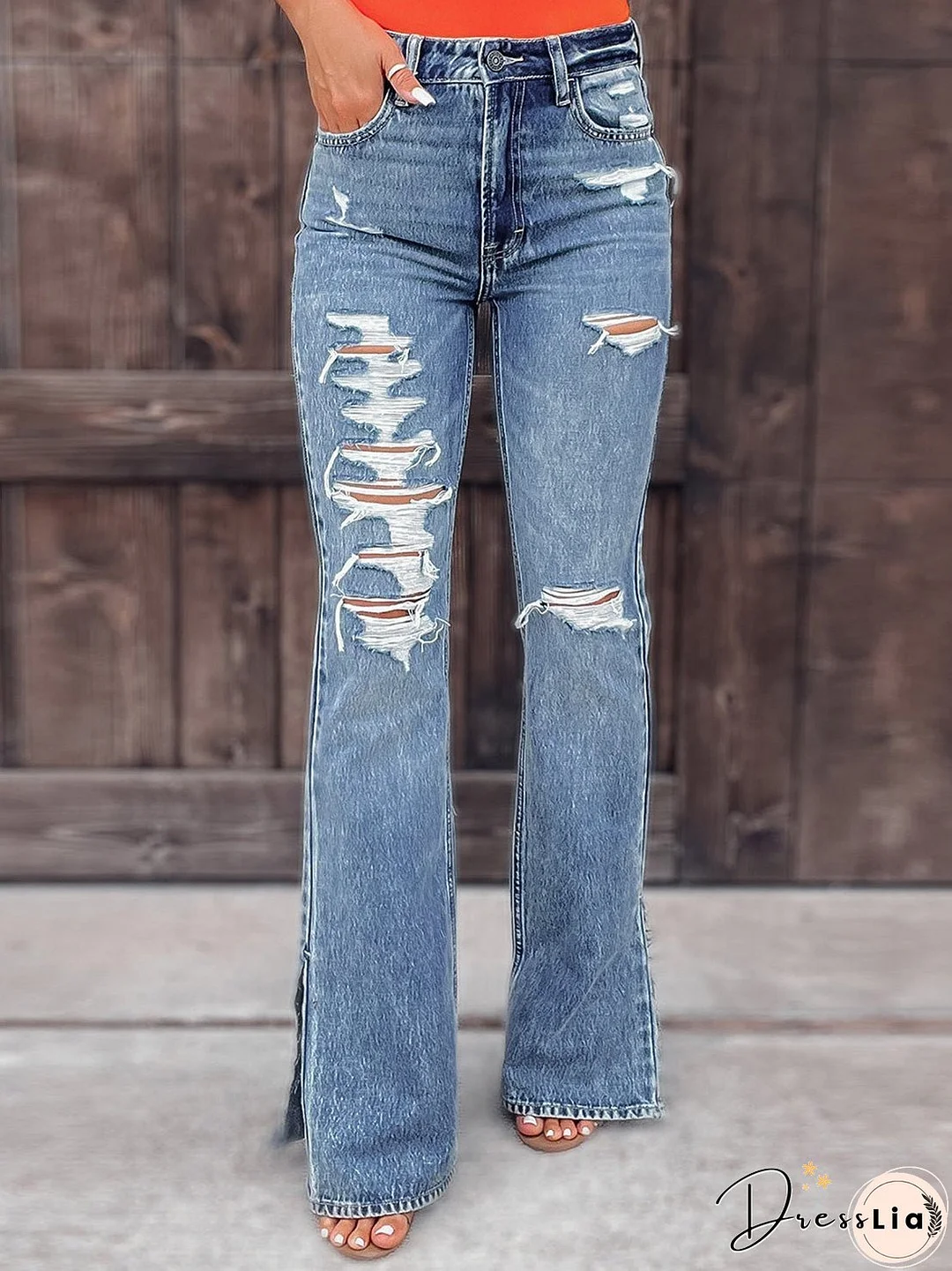Women's Jeans Washed Shredded Micro-Flare Slit Jeans