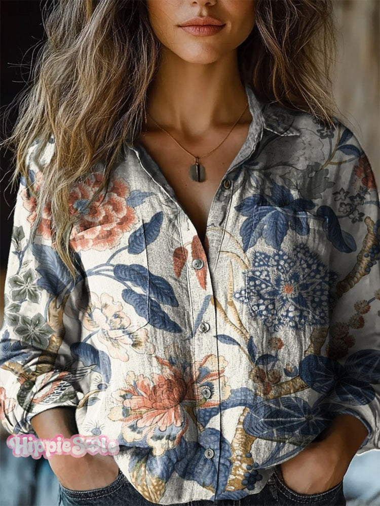 Women’s Retro Floral Print Casual Long Sleeve Comfortable Cotton Shirt Multicolor / S