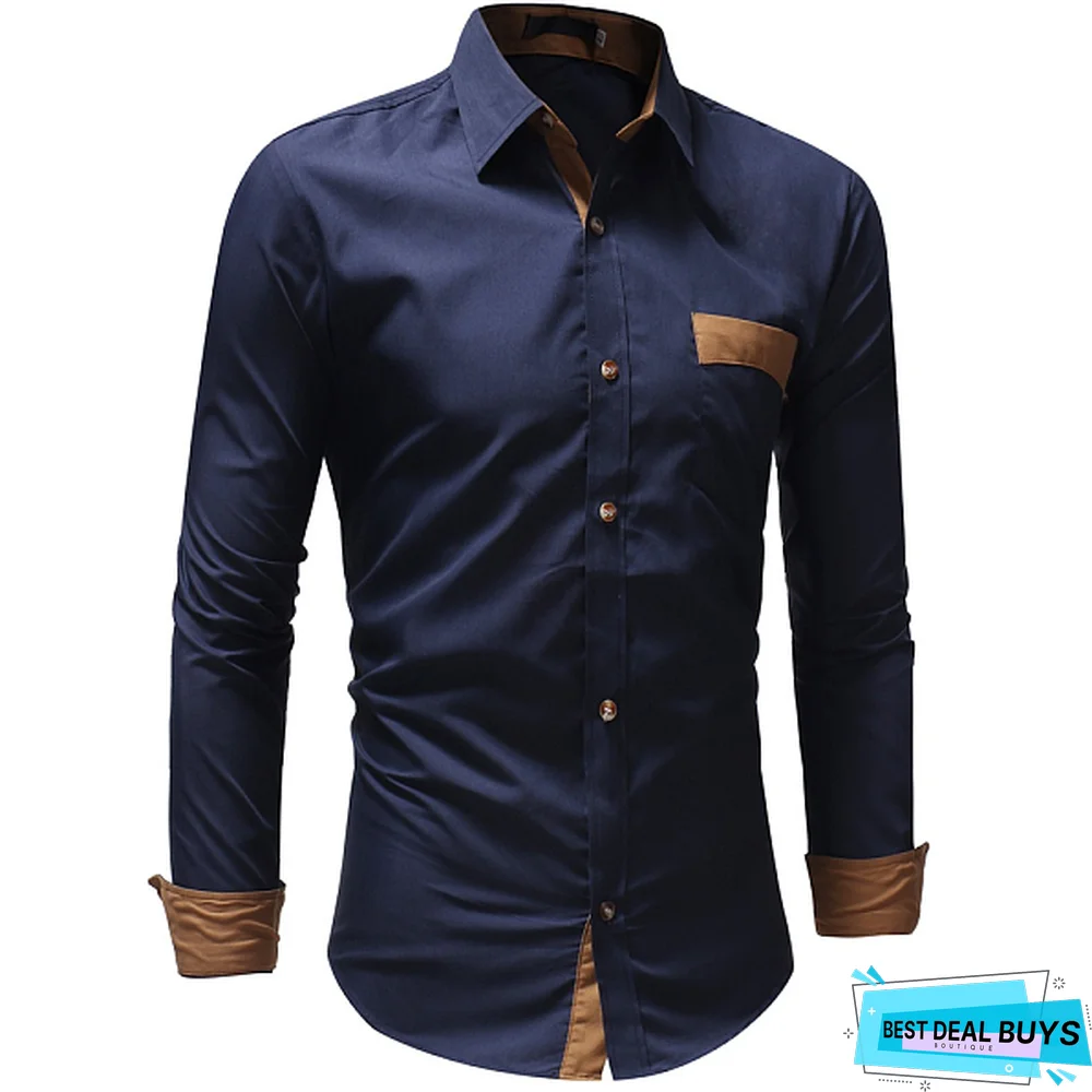 Men's Color Block Slim Long-Sleeves Business Shirts