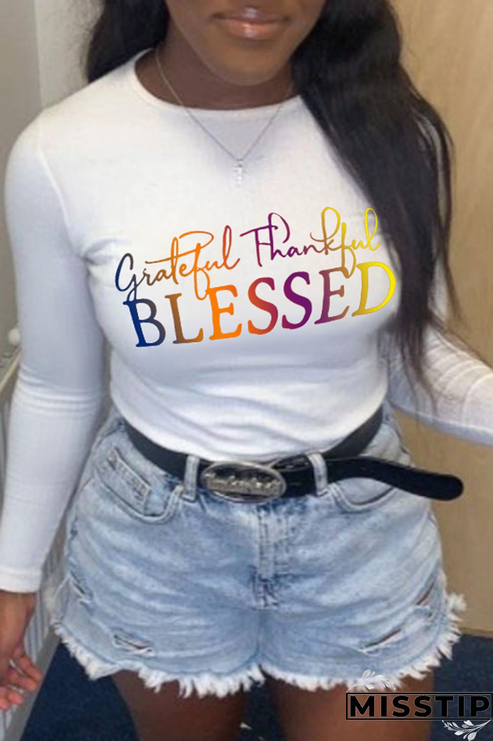 Grey Casual Print Patchwork Letter O Neck Tops