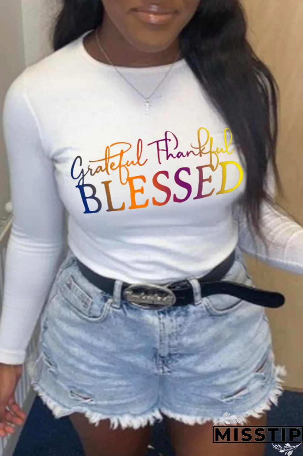 Grey Casual Print Patchwork Letter O Neck Tops