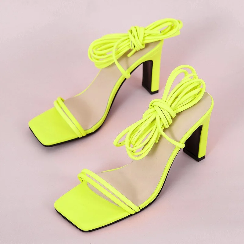 Fresh Green Orange Lace Up Sexy Sandals for Women Summer High Heel Shoes Square Toe High Heel Dress Sandal Big Size 43