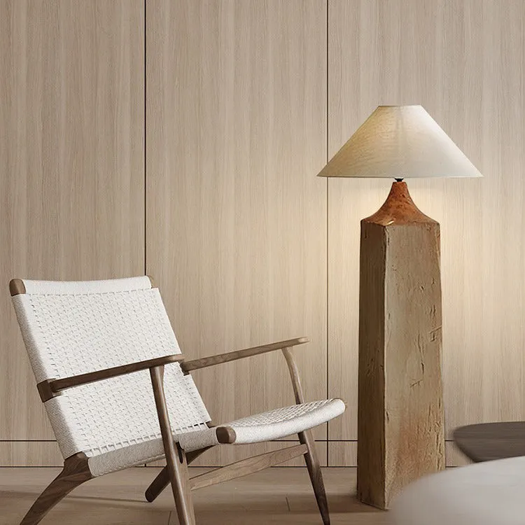 Contemporary Retro Wood Linen Cone Cylinder 1-Light Standing Floor Lamp For Living Room