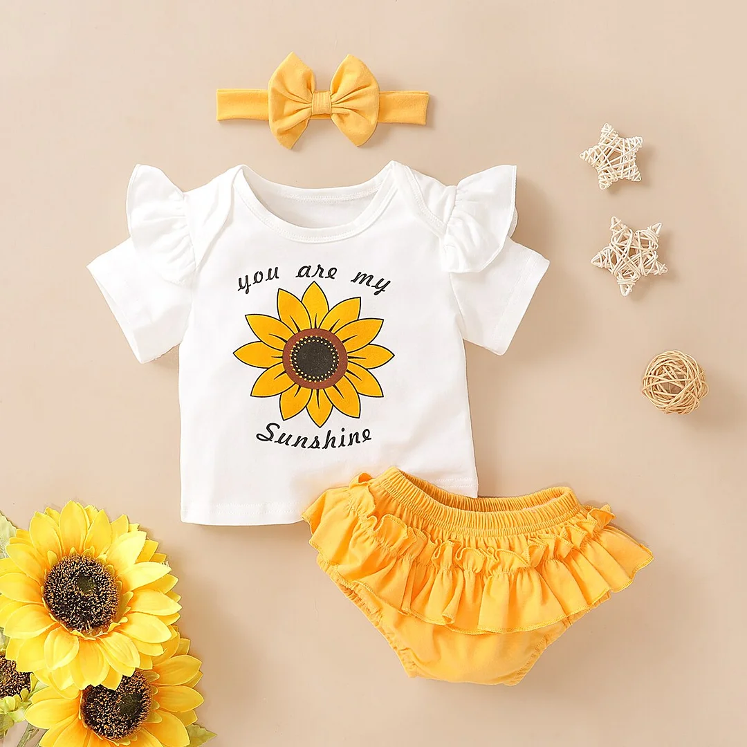Headband Casual Sunflower Top Shorts  Baby Girl Clothes 3PCS Outfits Set Baby Girl