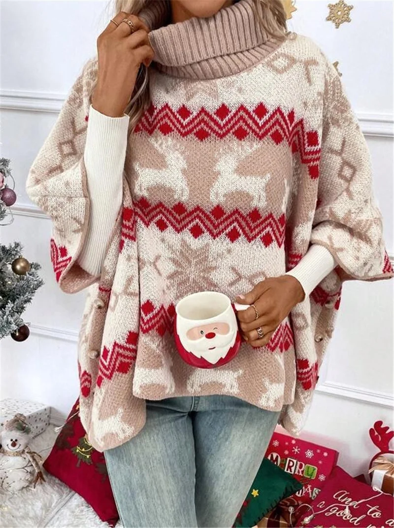 Athvotar Athvotar And Winter Sweater New High-Collar Christmas Sweater Elk Bump Pattern Bat Sleeve Sweater