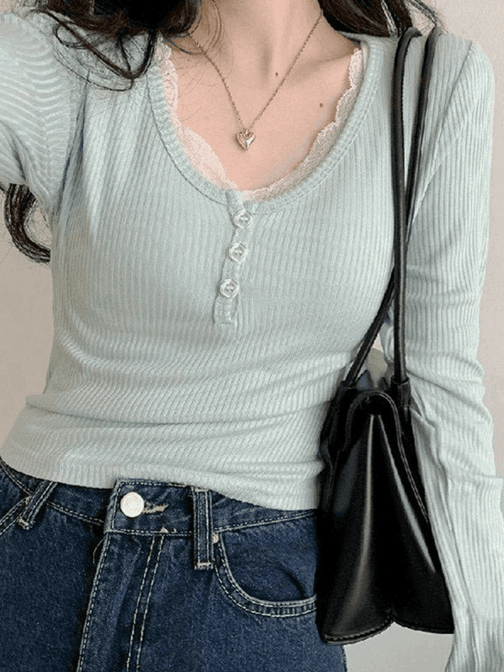Brownm Lace Trim Knit Long Sleeve Crop Top