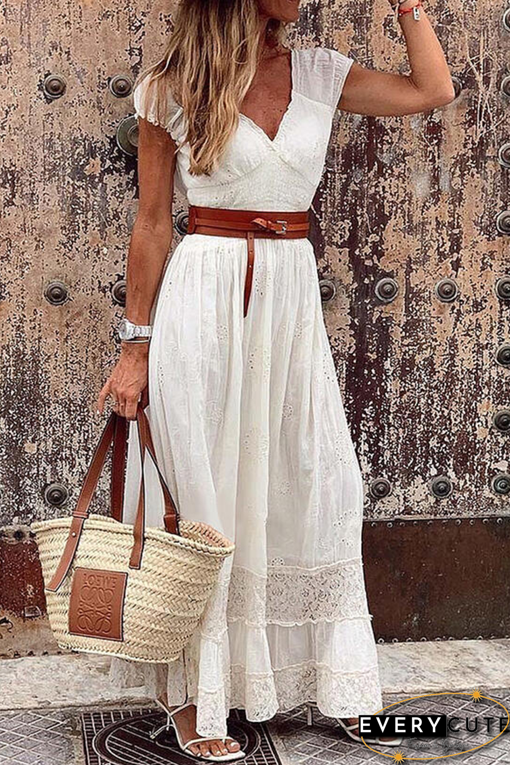 Casual Solid Split Joint V Neck Waist Skirt Dresses