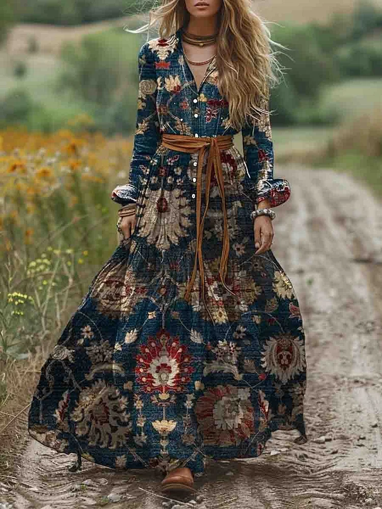 Women's Shirt Collar Ethnic Print Long Sleeve Pocket Cotton A-Line Dress