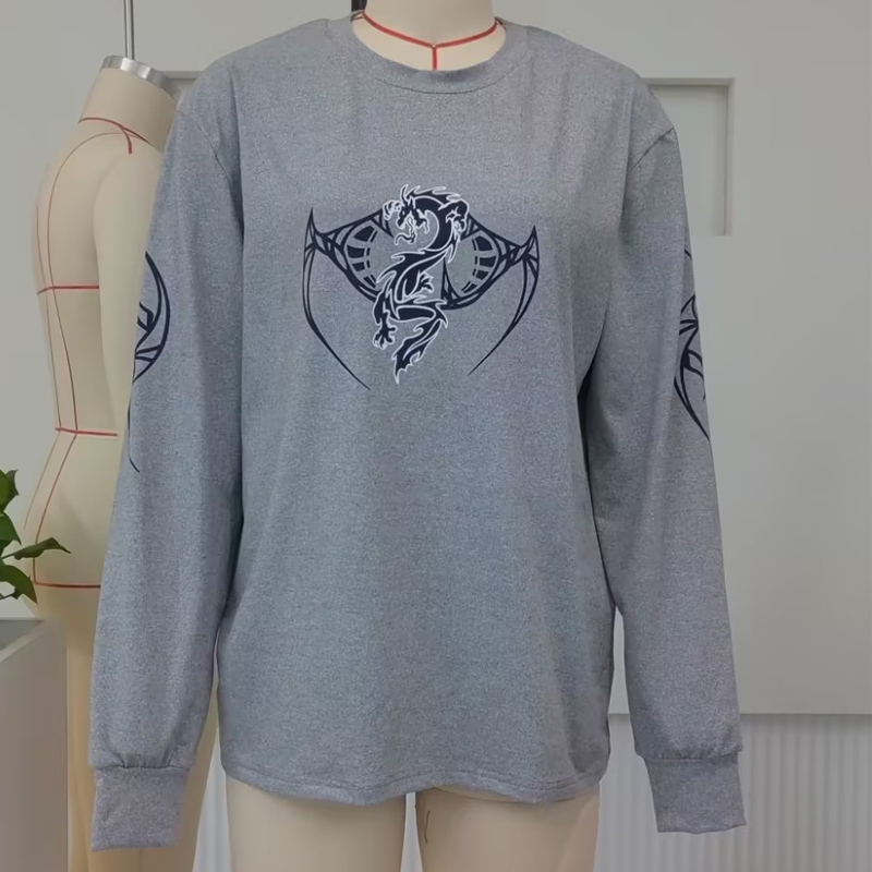 Aonga Punk Style Dark Academia Dragon Print Pullovers Tops Women Men Grunge Baggy T-shirts Vintage Mall Goth Y2K Cyber Loose Fit Tees aonga