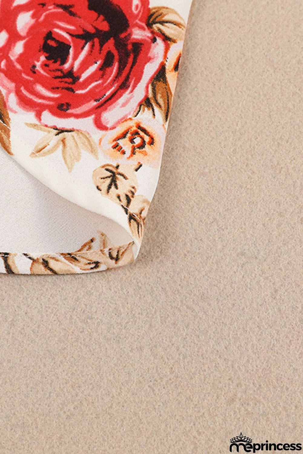 Beige Floral Print V Neck Button Down Blouse