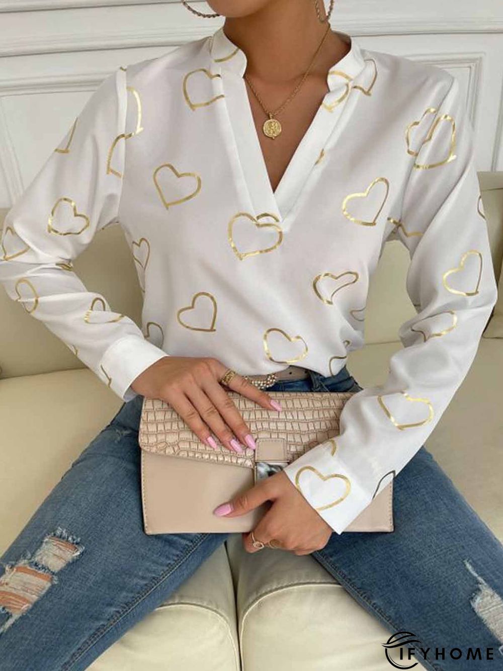 Heart/Cordate Casual V Neck Top | IFYHOME