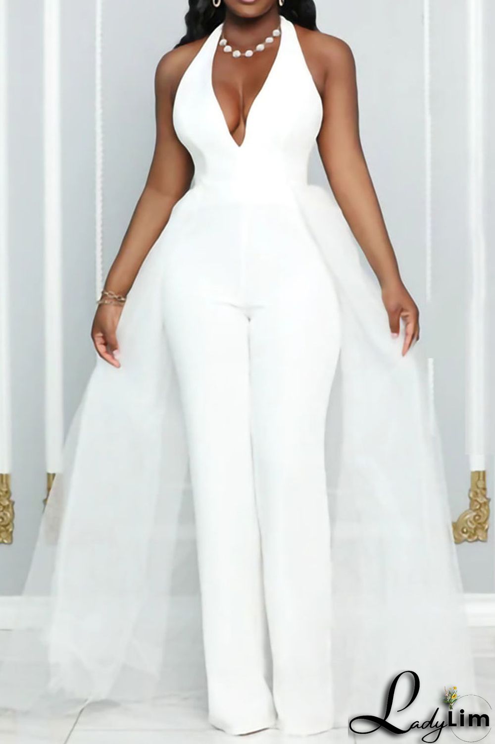 Blue Fashion Casual Solid Split Joint Backless Halter Skinny Jumpsuits