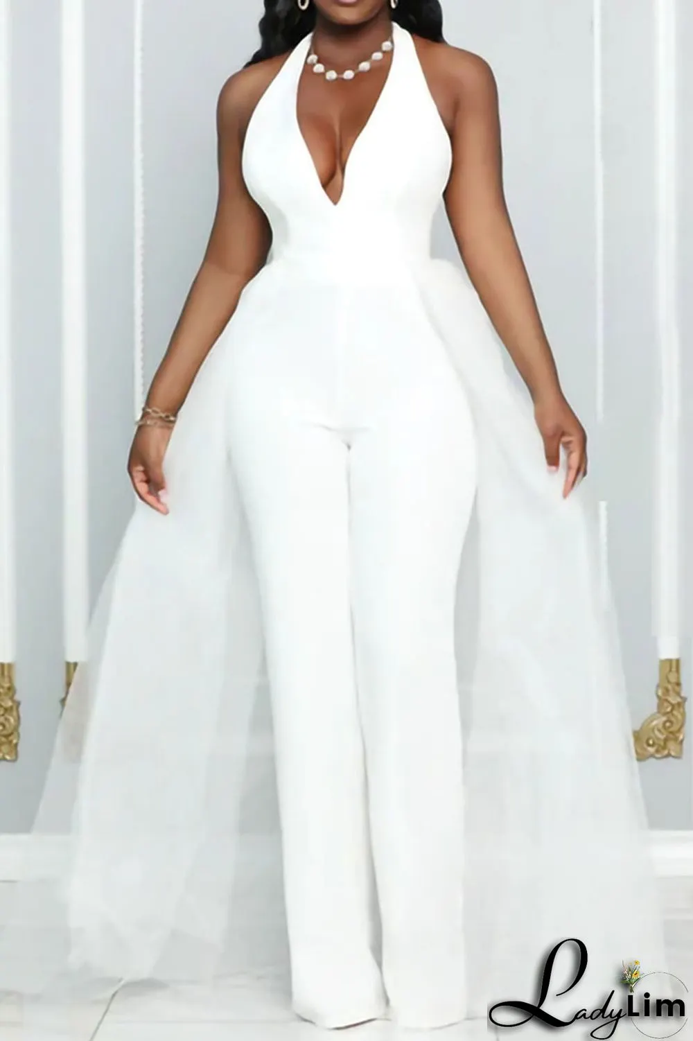 Blue Fashion Casual Solid Split Joint Backless Halter Skinny Jumpsuits