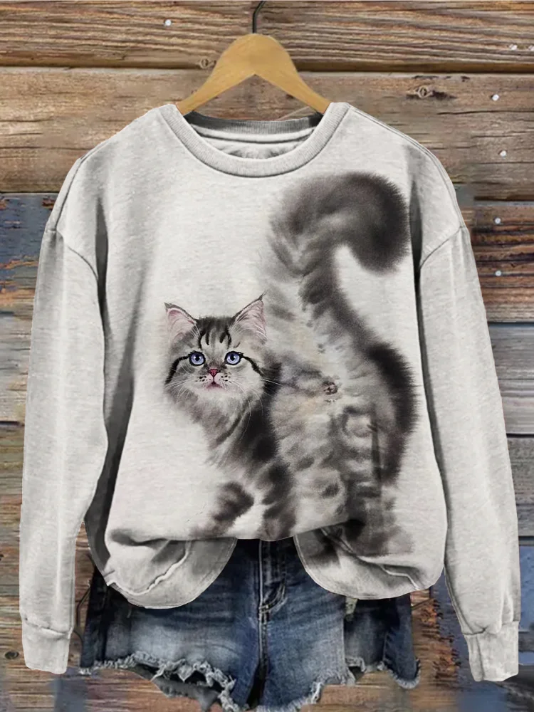 Comstylish Cute Cat Art Pattern Crew Neck Vintage Sweatshirt