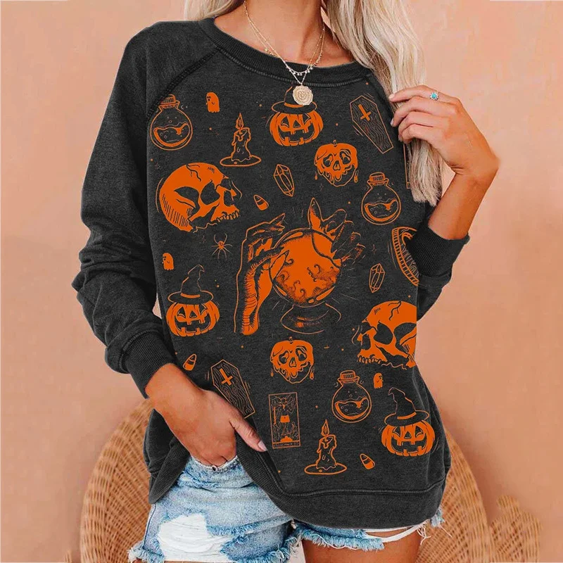 Halloween Skulls Pumpkins Printed Crew Neck Sweatshirt