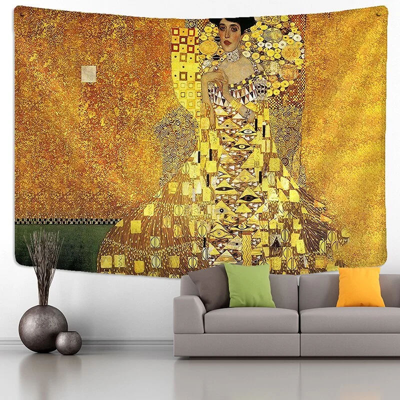 Gustav Klimt Oil Painting Tapestry Wall Hanging Kiss Of Gold Abstract Art Decoration Polyester Blanket Yoga Mat Home Bedroom Art