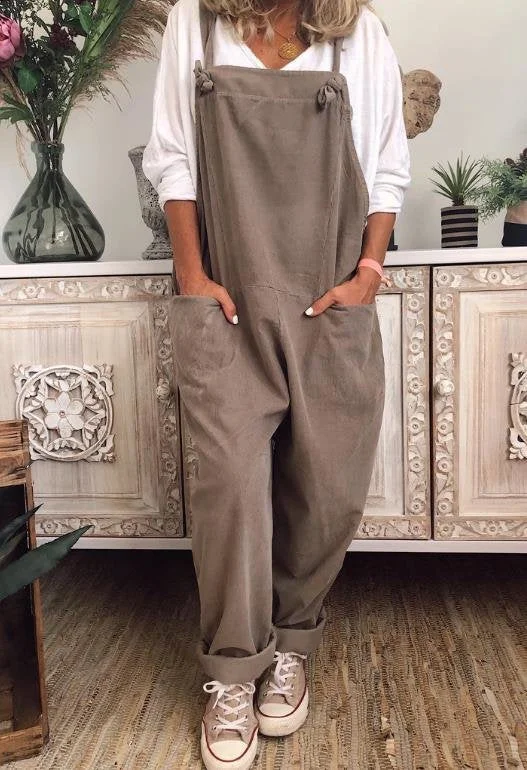 Brownm Solid Color Casual Mid Waist Retro Pocket Sleeveless Cotton Linen Lace-up Jumpsuit