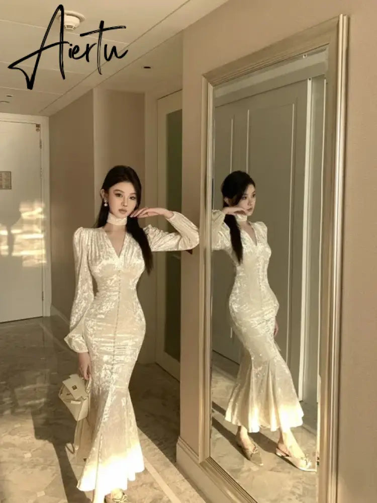 Aiertu Elegant Luxury Midi Dresses for Women Spring Fashion Vintage Evening Party Slim Sexy V-neck Fishtail Dress Female Clothing Robe Aiertu