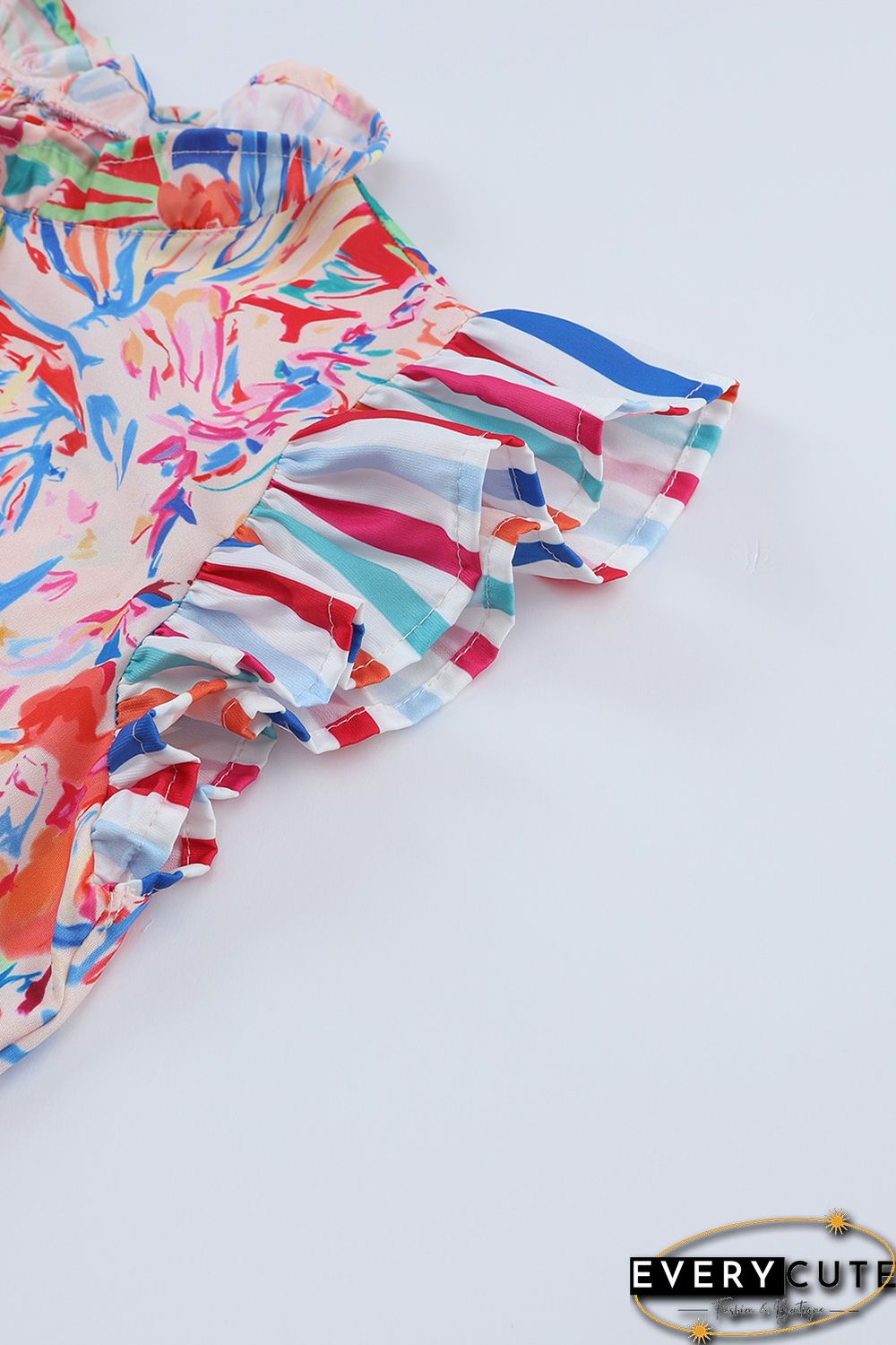 Multicolor Abstract Striped Patchwork Ruffled Short Sleeve Blouse