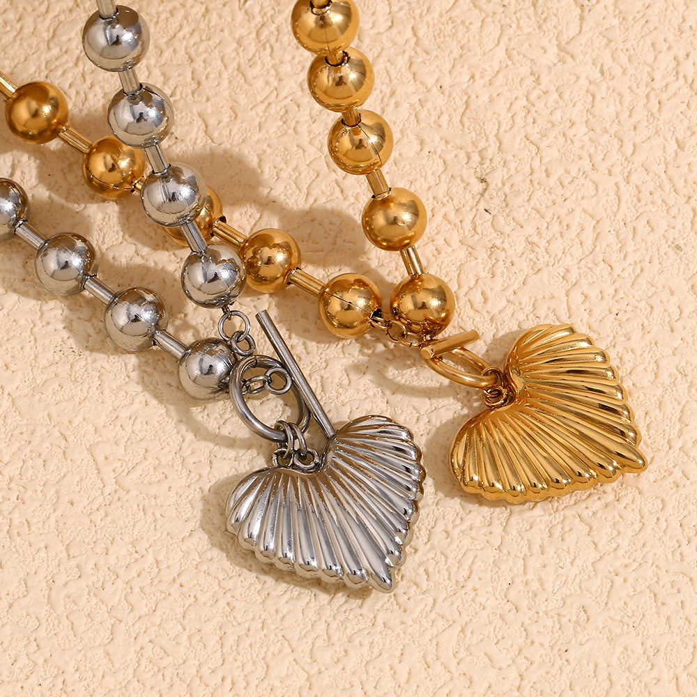 Retro Peach Heart Pendant Stainless Steel Plated 18K Gold Niche Round Bead Love Ot Buckle Necklace Female