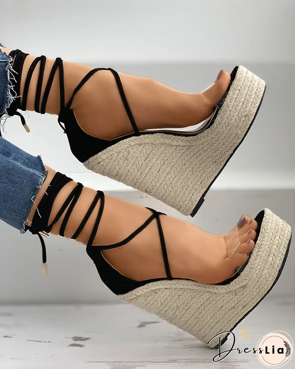 Colorblock Clear Perspex Wedge Platform Espadrille Sandals