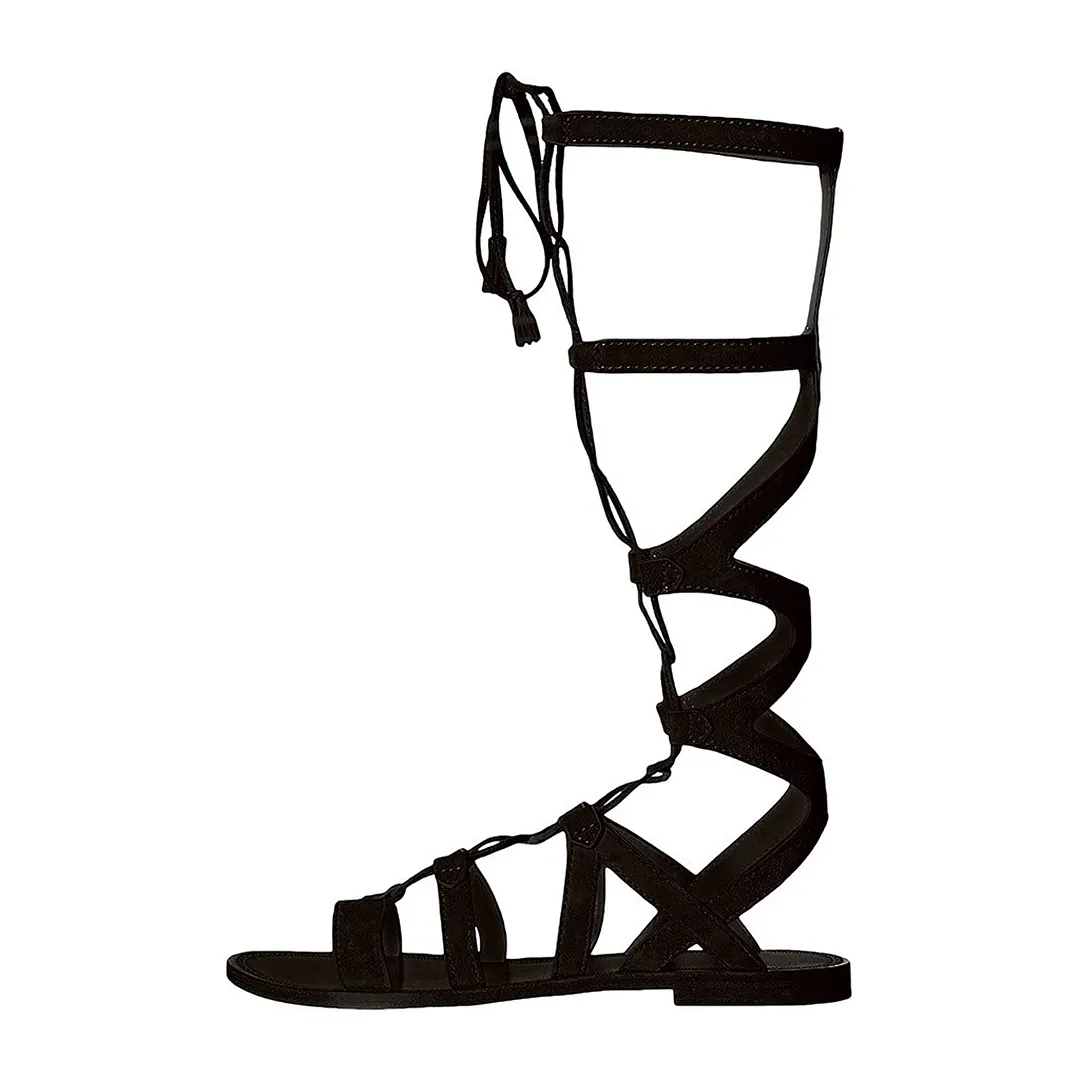 Knee High Open Toe Flat Lace Up Gladiator Black Sandals for Women